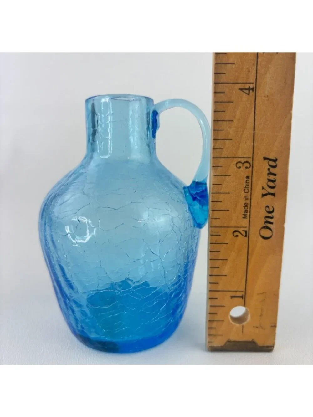 Small Crackle Glass Blue Bud Vase With Handle 3 7/8